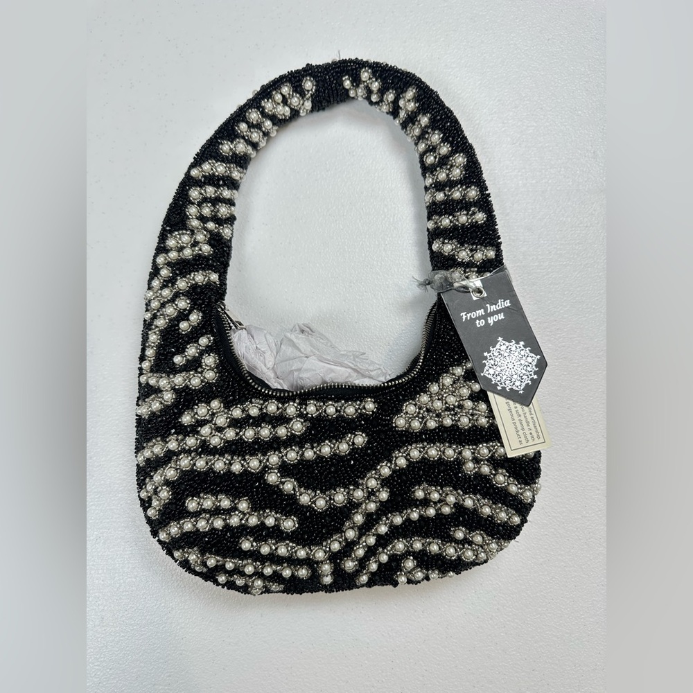 From India To You Black And White Pearl Beaded‎ Mini Hobo Bag Handmade Viral NWT